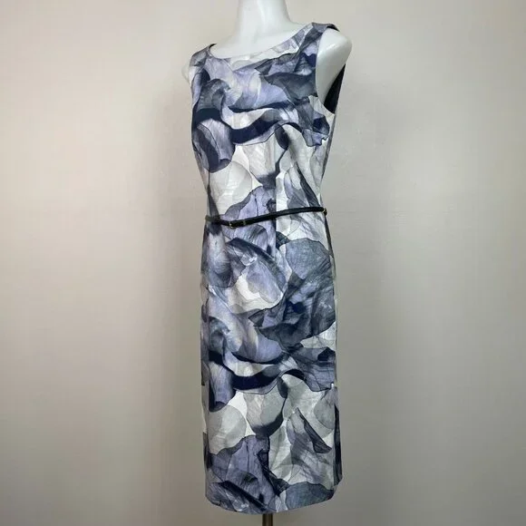 Hugo Boss Dinoma Sheath Dress 4 Blue Gray Watercolor Floral Sleeveless Cotton - Picture 3 of 15